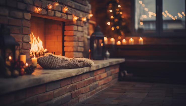 Warm brick hearth and mantel in a Carson living room