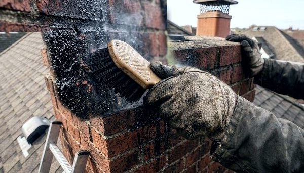 Brushing soot staining from exterior chimney brick