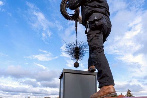 Sweep standing over a metal chimney chase with brush gear