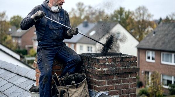 Technician clearing soot from a chimney top in Carson