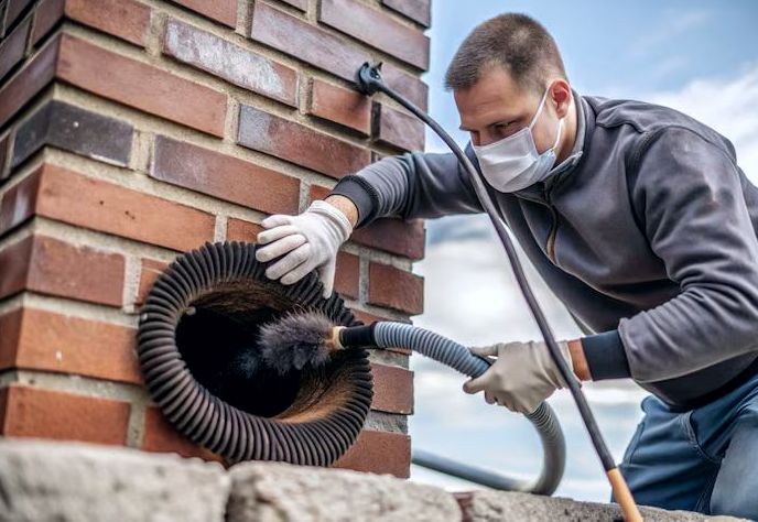 Technician examining a flue opening with vacuum equipment